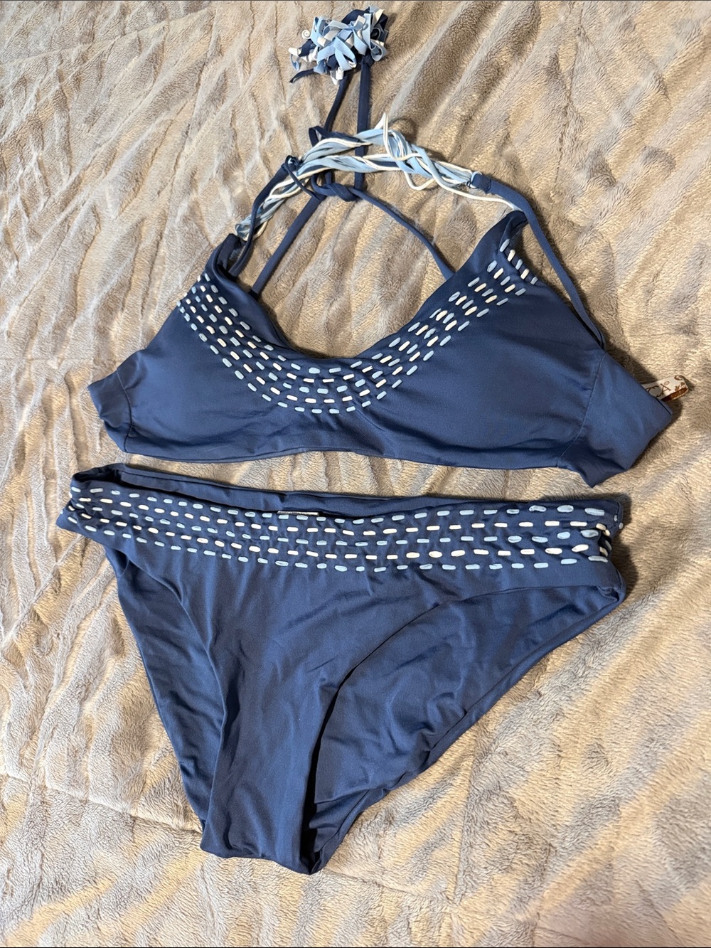 BECCA Navy Blue Bikini Set with White Stitch Accents